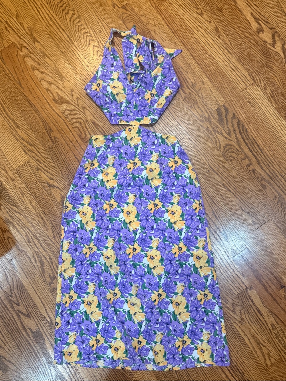 Backless Floral Midi Dress in Purple & Yellow